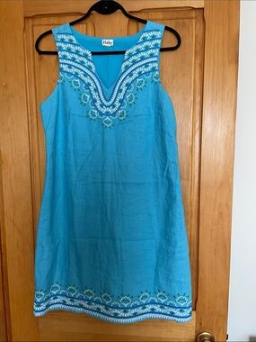 M-L  Cozy Turquoise Sleeveless Embroidered V-Neck Mini Dress